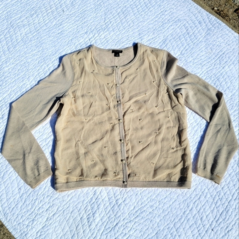 Ann Taylor Silk Pearl Embellished Cardigan Tan Cream size M